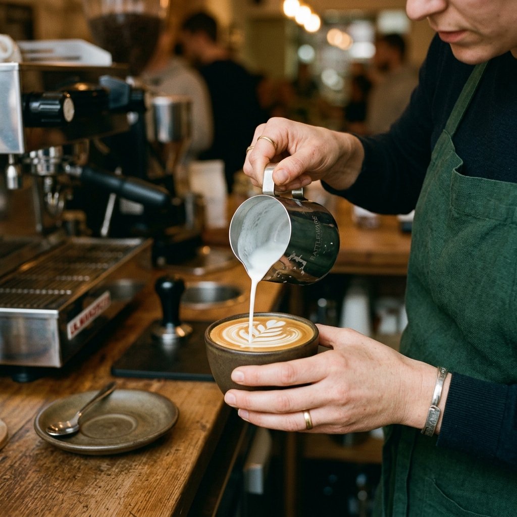 Barista preparando latte art premium en Blend Café Málaga